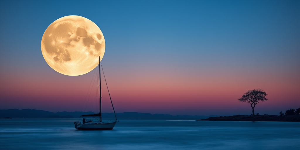 Create a tranquil landscape featuring a large, colorful moon hovering over a calm water surface at dusk, with a small sailboat in the foreground and a solitary tree on the shore, using a DSLR camera with a 24mm lens, f/8 aperture, ISO 100, and a long exposure to enhance the details and colors.