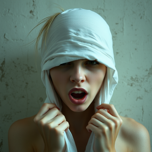 Create a close-up photographic image of the head and torso of a person with light skin tones shown against an old, worn wall. Their head is wrapped in a white cloth covering (i.e.... parts of the head except the nose and mouth, which are open as if they are screaming...), with a slight texture and visible folds in the fabric. Thin strands of blonde hair escape from the wrapping above, falling lightly at the top and sides. Their hands hold the fabric as if they are tugging nervously. The lighting is dramatic and even, casting strong shadows. The image has a minimalist and surreal style with an emphasis on simplicity with soft color tones. The composition is centered.
