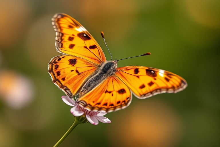 Capture a close-up shot of a vibrant orange butterfly with black spots perched on a delicate flower stem, using a DSLR camera at f/2.8 aperture, 1/200 shutter speed, ISO 100, with a macro lens, natural light, soft bokeh background for enhanced depth.