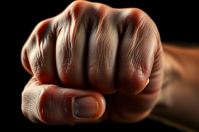 Create a highly detailed close-up image of a clenched fist, emphasizing the textures and details of the skin, with dramatic lighting, shot at a low angle using a DSLR camera, 50mm lens, f/1.8 aperture, ISO 100, and 1/200 sec shutter speed.