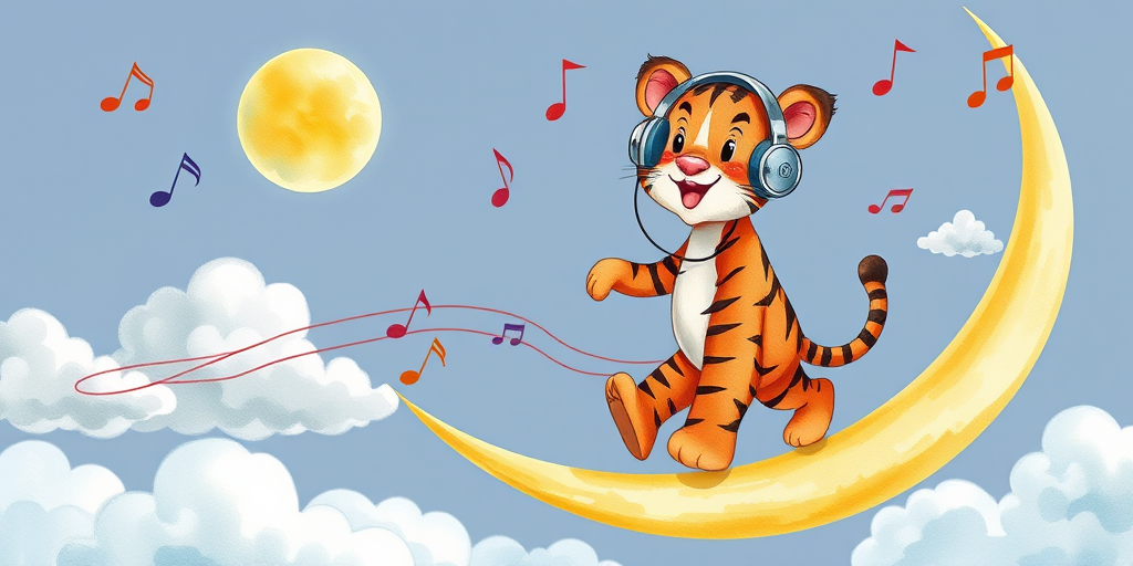 Create an illustration of a cheerful tiger wearing headphones, walking on a large crescent moon surrounded by fluffy clouds and flowing musical notes, using a digital watercolor style, with a 50mm lens, f/2.8 aperture, ISO 100, and a soft focus background for enhanced clarity.