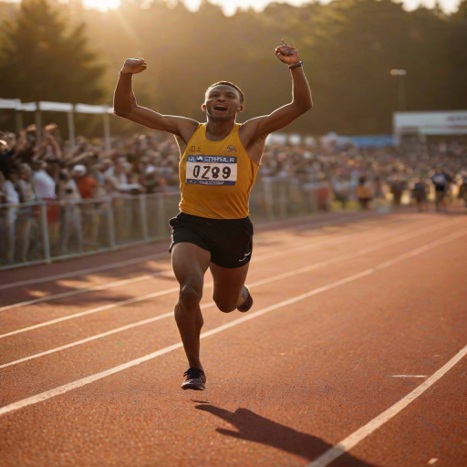 Blurry action shot of a runner crossing a finish line in a race, arms raised in triumph, with soft golden light from the setting sun casting long shadows on the track and distant spectators cheering in the background.