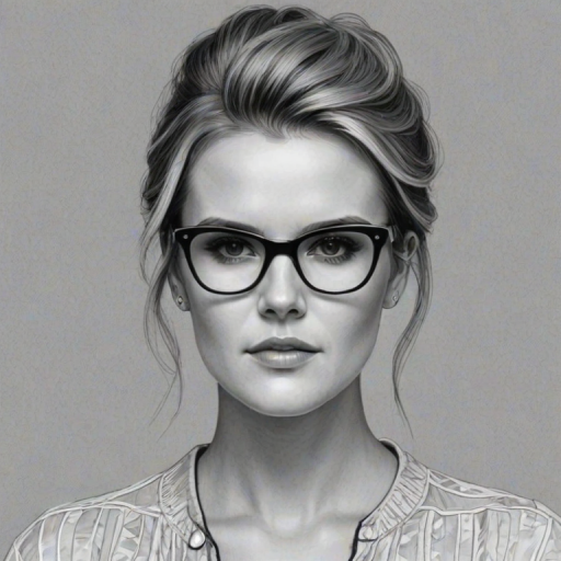 Bewitching Maggie Grace, pencil sketch, portrait of Wonderful woman 1966s in glasses, hair style beatnik, outline, clear lines, fine lines, 8k