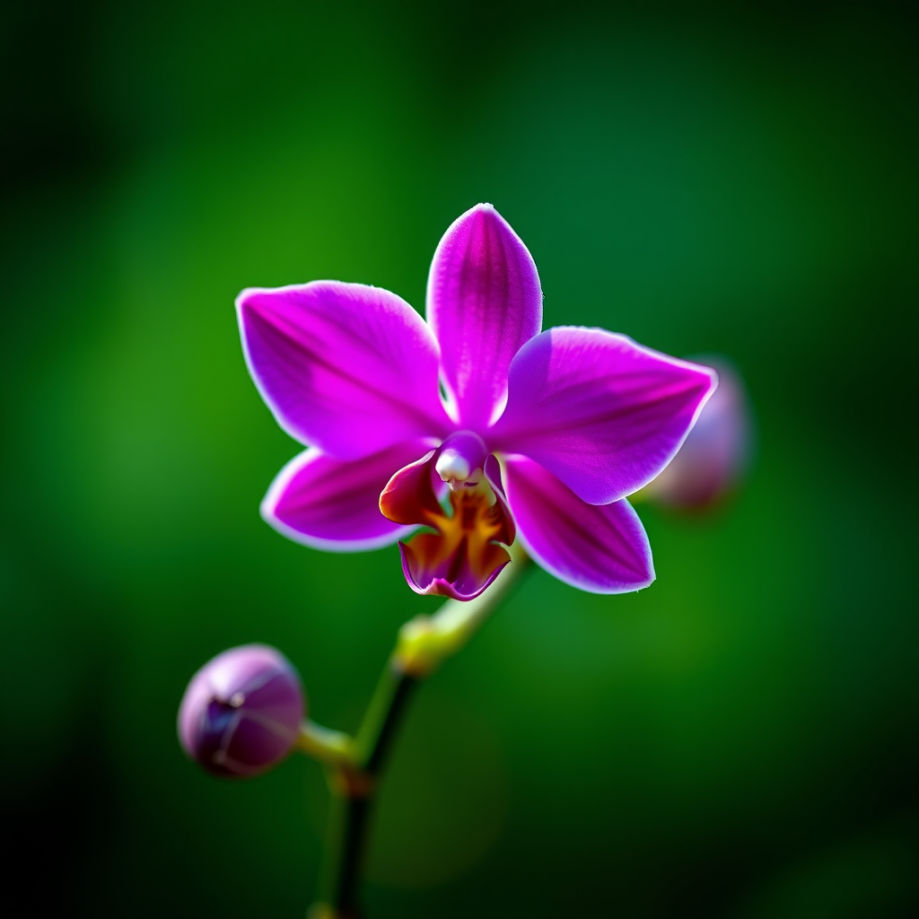 Photograph a close-up of a vibrant purple orchid flower on a dark green background using a Canon EOS R5, 85mm lens, f/1.8 aperture, ISO 100, and a shallow depth of field to enhance focus on the flower while softly blurring the background in natural light.