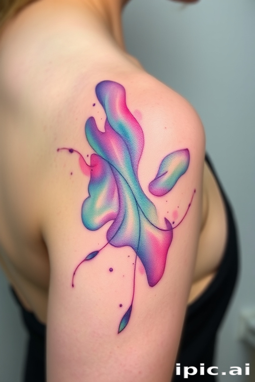 Ethereal watercolor splash tattoo titled "Aurora's Dance" showcasing soft pastel hues blending seamlessly to depict the mesmerizing Northern Lights, capturing the beauty of nature on the shoulder
