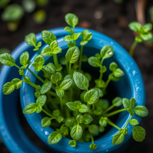 Close-up shot of a blue plastic pot with fresh green seedlings spilling out, with water droplets on the pot, captured with a Canon EOS R5, 50mm lens, aperture f/2.8, ISO 100, natural light, shallow depth of field, top-down angle.