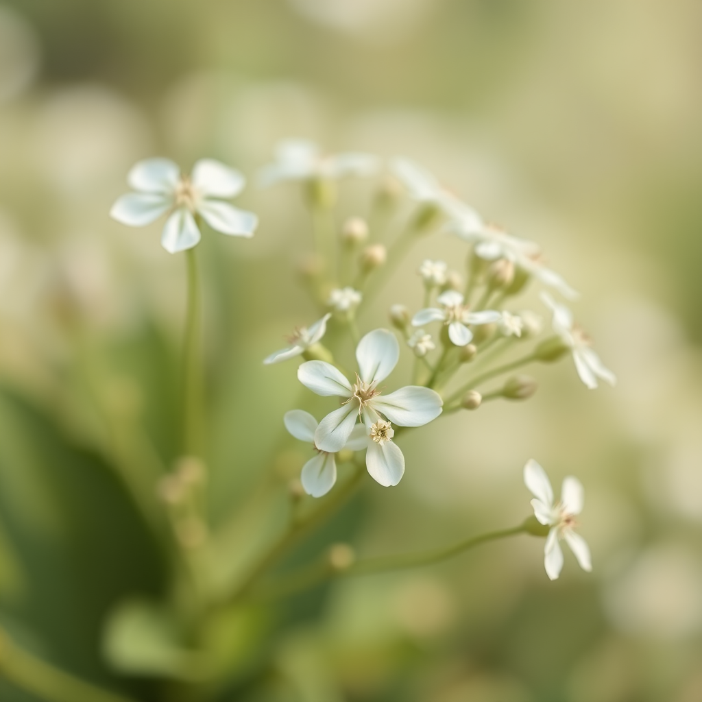 Create an image of delicate white flowers in a soft focus style, shot with a DSLR camera at f/2.8 aperture, 50mm lens, ISO 200, with a shallow depth of field, capturing a light and airy background.