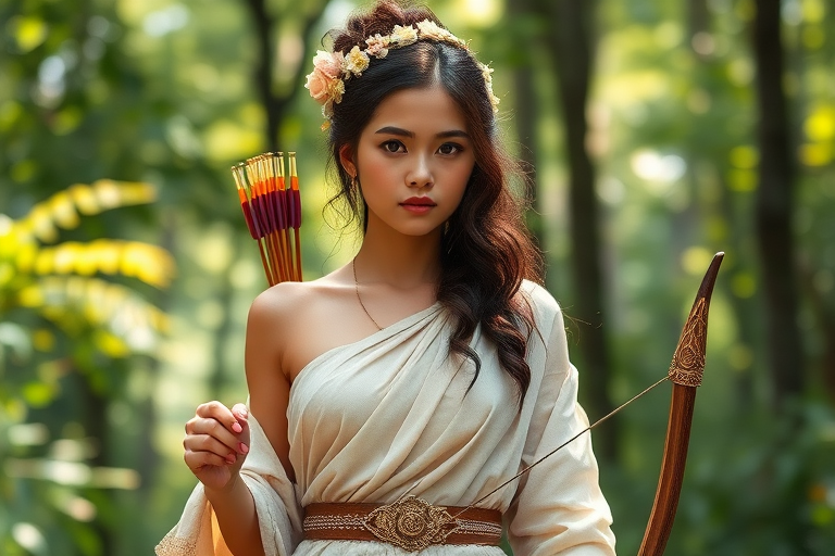 Create a portrait of a goddess-like Indonesian girl figure in a tranquil, forested environment. She has an elegant appearance with long, wavy hair styled in an updo and adorned with a delicate, floral headband. She wears a flowing, ancient Greek-inspired gown in a soft, pale color, featuring a one-shoulder design and draped fabric that accentuates her graceful form. The outfit includes a decorative belt with ornate gold detailing, and she holds a bow in her hand, with a quiver of arrows slung over her shoulder. The background depicts lush greenery, with sunlight filtering through the trees, casting a gentle, ethereal light on the scene. Her expression is calm and contemplative, embodying a sense of wisdom and serenity.