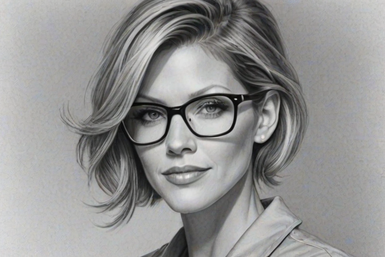 Lovely Tricia Helfer, pencil sketch, portrait of Splendid woman 1964s in glasses, hair style beatnik, outline, clear lines, fine lines, 8k