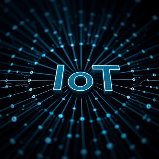 Create a high-resolution digital graphic featuring the letters "IoT" in a modern, sleek font, surrounded by a network of interconnected nodes and lines radiating outward, using a Canon EOS R5 camera at f/8, 1/60s shutter speed, ISO 100, with a macro lens to capture intricate details, in a dark background for contrast, focusing on sharpness and clarity.