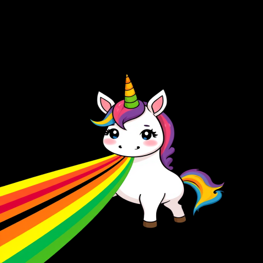 Create a vibrant digital illustration of a cartoon unicorn with a rainbow horn and a cheerful expression, spewing colorful rainbows from its mouth, set against a black background, using a DSLR camera simulated effect with a 50mm lens at f/2.8, vibrant colors, and high saturation for improved image quality.