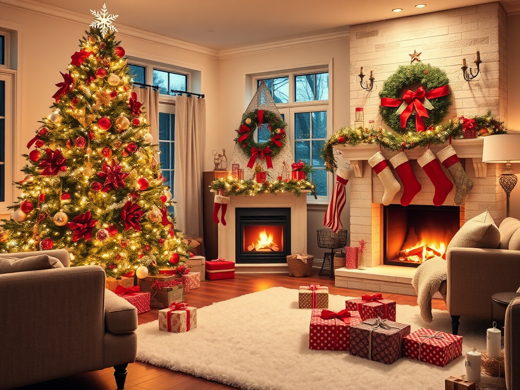 Cozy living room decorated for Christmas with a large illuminated tree adorned with ornaments and bows stockings hanging from the mantel a warm fireplace glowing with fire presents wrapped in festive paper on a white rug and comfortable seating in a welcoming atmosphere