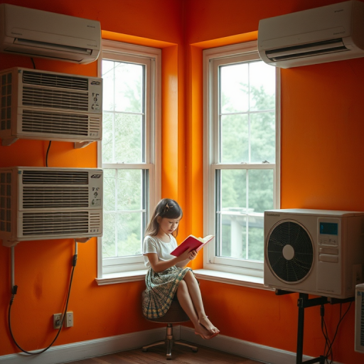 Regenerate a cozy indoor scene of a girl reading by a window with orange walls, surrounded by vintage air conditioning units, using a DSLR camera with a 50mm lens, f/1.8 aperture, ISO 100, natural light, and a warm color palette for enhanced image quality.