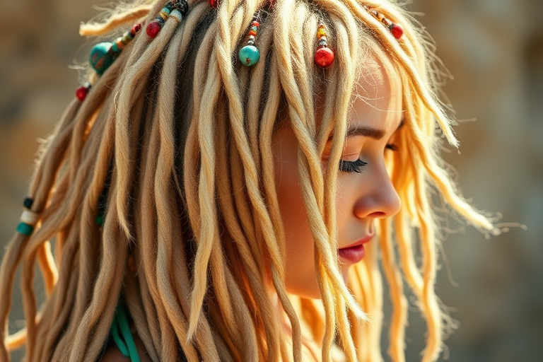 Boho-chic hair style showcasing sun-bleached blonde dreadlocks adorned with colorful threads and beads for a free-spirited look