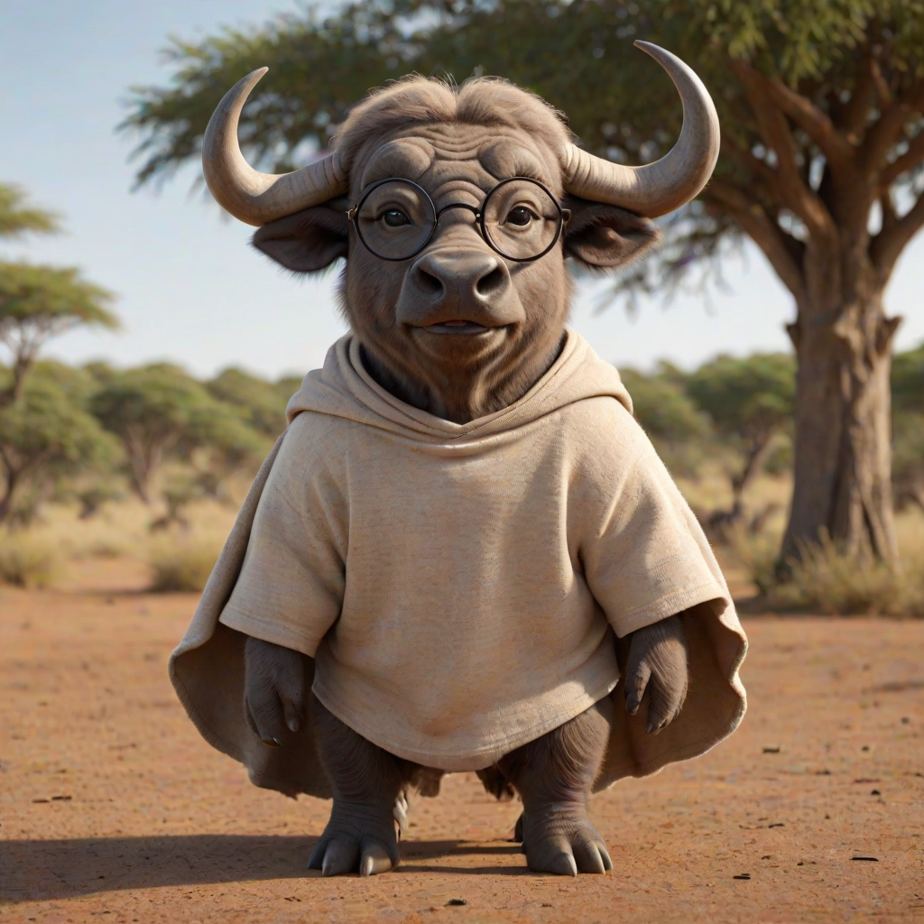 Hyperrealistic 3D render of a smiling cartoon Cape Buffalo wearing glasses and a beige t-shirt with a smaller buffalo image printed on it, missing some teeth, set against a blurred African savanna background, detailed fur, 8k resolution, octane render, artstation trending.