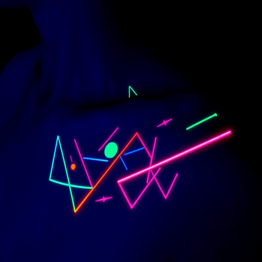 Neon glow-in-the-dark tattoo named "Electric Dreams" showcasing abstract geometric shapes and lines that appear to pulse and glow under UV light in vibrant neon colors