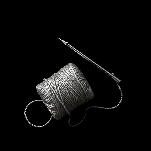 create a highly detailed illustration of a sewing needle and thread on a black background with sharp focus, f/2.8 aperture, 50mm lens, ISO 100, top-down view, digital art style