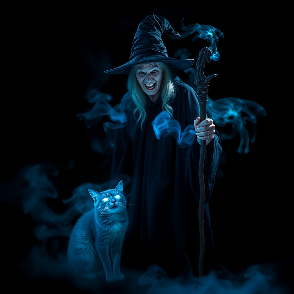 Close-up of a mysterious old crone female witch and her cat made of blue smoke are standing in the dark cackling evilly at the viewer. The smoke is a deep blue, and the background is black. The crone is wearing a long, flowing robe and has a pointed hat on her head. She is holding a staff in one hand and has a mischievous look on her face. The cat is sitting at her feet, looking up at her with glowing blue eyes. The smoke around them is swirling and shifting, as if it has a life of its own. The overall effect is eerie and magical.