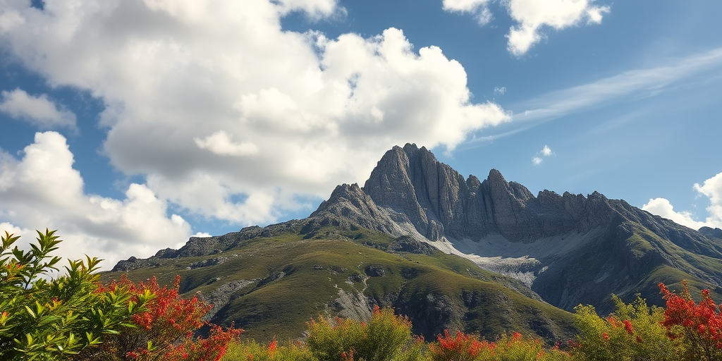 capture a high-resolution landscape photograph of a rocky mountain peak under a partly cloudy sky with vibrant greenery in the foreground using a DSLR camera at f/8, ISO 100, 1/200s, wide-angle lens, shot from a low angle to emphasize the mountain's height