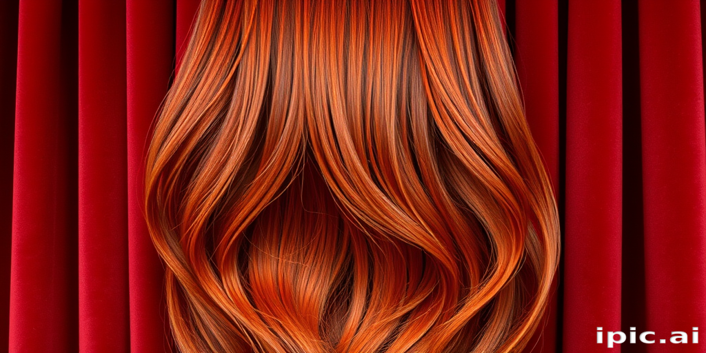Fiery red velvet curtain bangs framing a long layered cut with subtle copper highlights, creating dimension and movement reminiscent of flickering flames