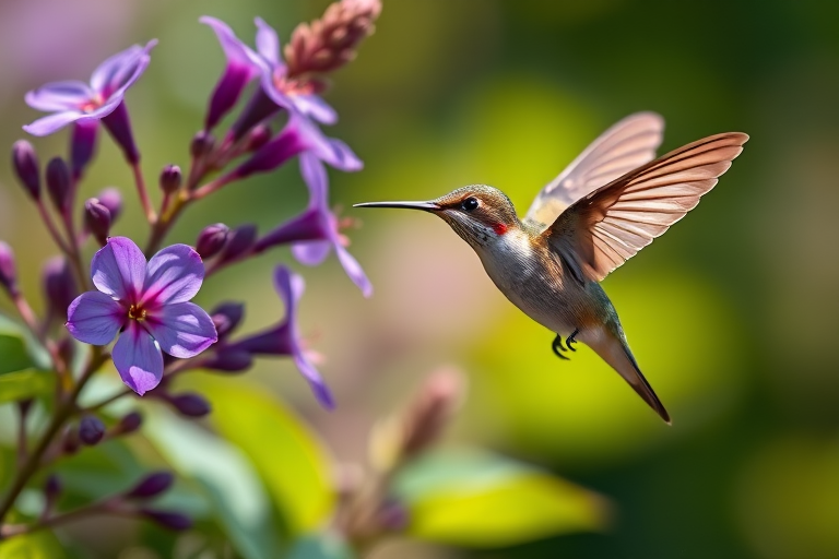 hummingbird in flight near vibrant purple and green flowers with a soft-focus background, shot with a Canon EOS R5, 85mm lens, aperture f/1.8, shutter speed 1/2000s, ISO 200, in natural light to enhance colors and details