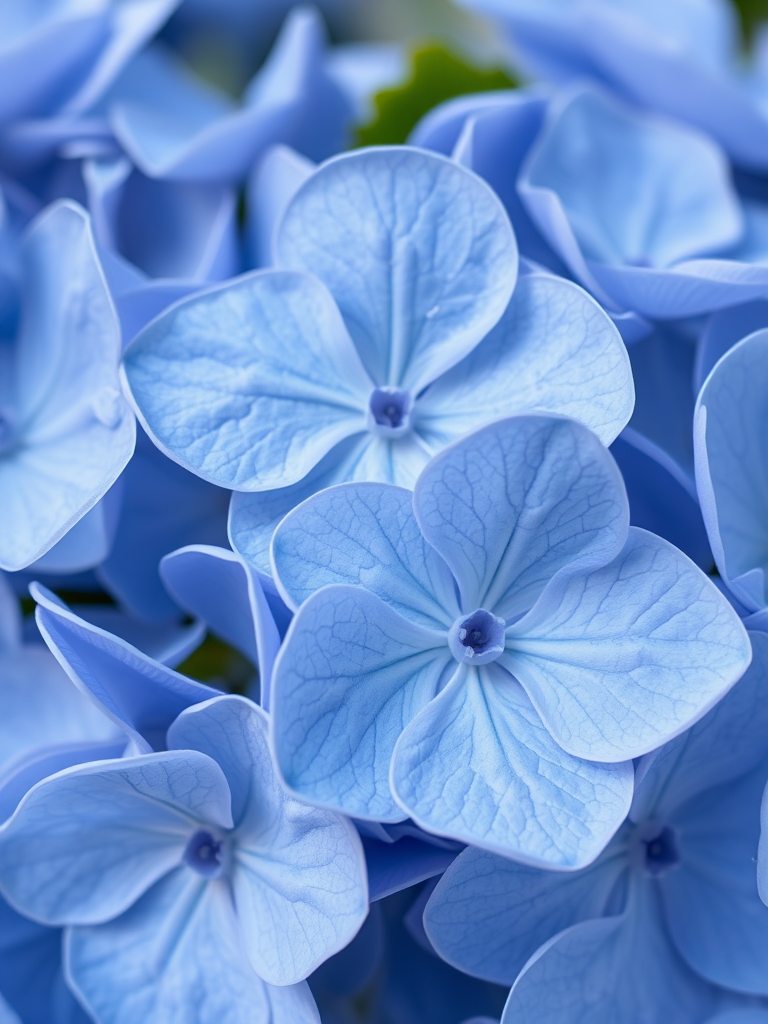Close-up of delicate blue hydrangea flowers with soft petals and vibrant colors, taken with a macro lens, aperture f/2.8, ISO 100, 1/200 sec, natural light, DSLR camera.