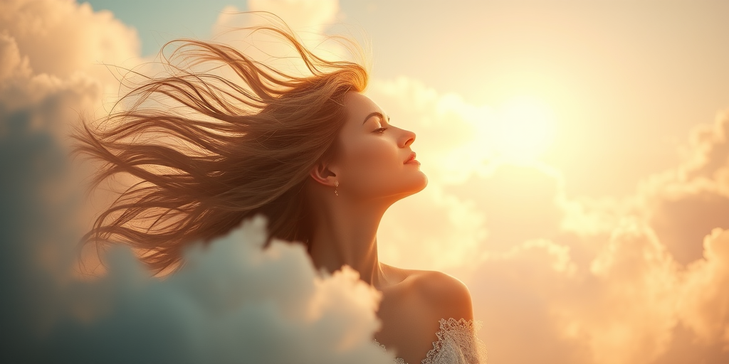Create a serene and ethereal depiction of a woman with flowing hair, surrounded by soft clouds, illuminated by a radiant light, captured with a Canon EOS R5, 50mm lens at f/1.8, ISO 100, 1/200 sec, using soft focus and warm color grading to enhance the dreamlike quality.