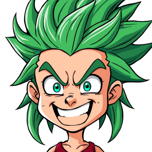 Create a vibrant cartoon character with wild green hair and a manic expression, set against a clean white background, using a DSLR camera with a 50mm lens, aperture set to f/2.8, ISO 100, and a slight vignette effect for enhanced depth.