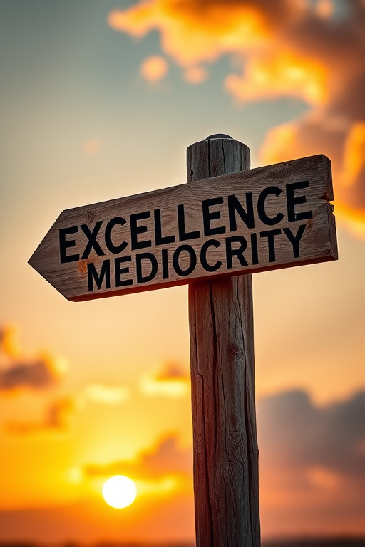 Create an image of a weathered wooden signpost displaying the words "Excellence" and "Mediocrity" in bold, clear letters, set against a sunset sky with clouds, captured with a Canon EOS 5D Mark IV, 50mm lens, f/2.8, ISO 100, at sunset with soft focus to enhance the warm colors and textures.