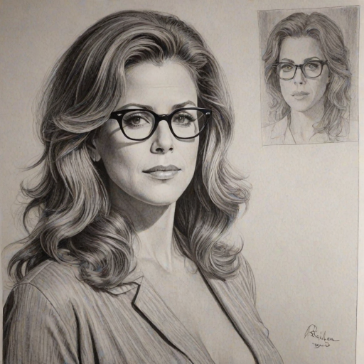 Gorgeous Rita Wilson, pencil sketch, portrait of Bewitching woman 1959s in glasses, hair style beatnik, outline, clear lines, fine lines, 8k