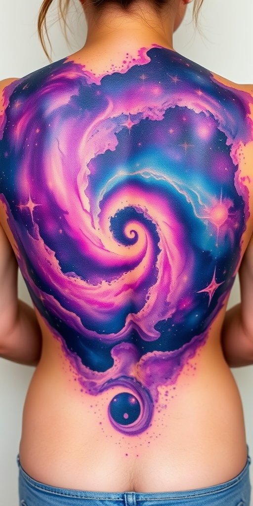 Dreamy watercolor galaxy tattoo with swirling nebulas and twinkling stars, blending vibrant purples and blues seamlessly into the skin, covering the entire back in a cosmic masterpiece