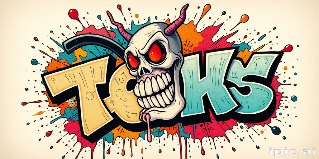New school graffiti tattoo with bold, cartoonish characters and vibrant color splashes, incorporating elements of street art and pop surrealism for a dynamic and playful design