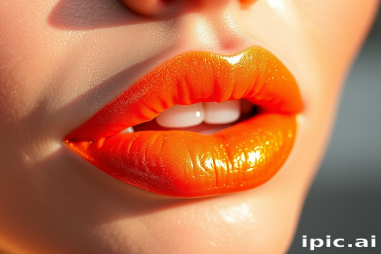 Holographic orange lip gloss "Solar Flare" with warm gold shift and high-shine finish, perfect for summer looks and sunset-inspired makeup, non-sticky and hydrating formula