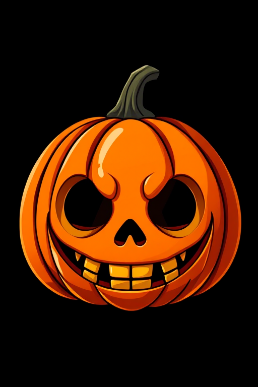 Create a high-resolution, digital illustration of a cartoonish jack-o-lantern with a skull face, vibrant orange color, glossy finish, against a black background, using a DSLR camera with a 50mm lens, f/2.8 aperture, ISO 100, and soft lighting to enhance details and contrast.