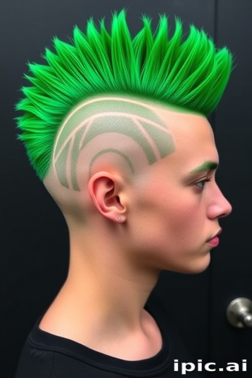 Bold emerald green mohawk called "Verdant Rebel" stands tall with shaved sides, featuring intricate geometric patterns etched into the scalp for a daring and edgy appearance