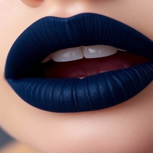 Deep navy blue lips with a matte suede texture and subtle navy shimmer, named "Midnight Velvet Sky"