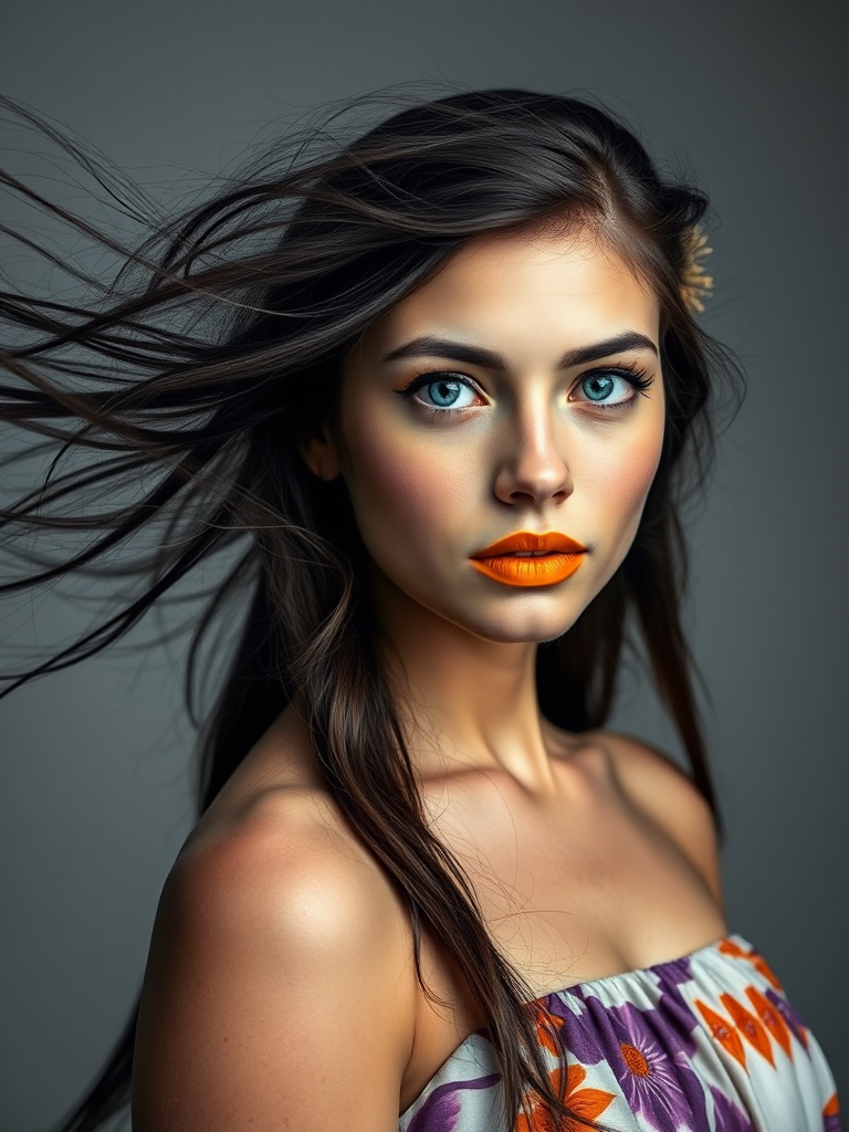 Photographic image of a beautiful young First Nations woman, blue eyes, lips with Yellow lipstick, long hair fluttering in the wind and wearing a silk strapless dress with a soft purple and orange print. monochrome image with only color highlights in the iris of the eyes, lipstick and dress. Gray background.