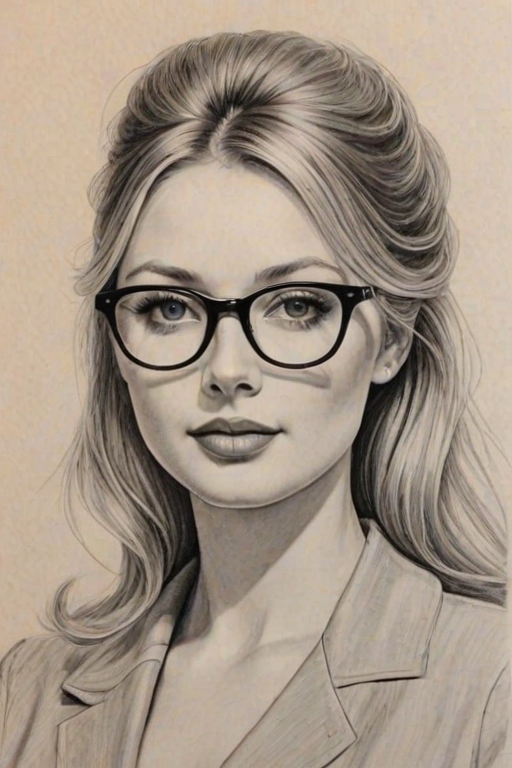 Gorgeous Elisabeth Harnois, pencil sketch, portrait of Elegant woman 1958s in glasses, hair style beatnik, outline, clear lines, fine lines, 8k