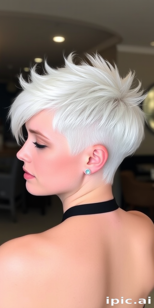 Striking platinum pixie cut with "Arctic Frost" design showcases razor-sharp edges and a swept-back crown, exuding confidence and modern sophistication