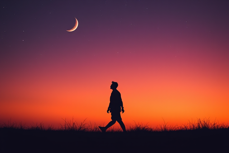 Generate a silhouette of a person walking in a twilight landscape with a crescent moon and twinkling stars in the sky, set against colorful gradient hues of orange and purple, using a DSLR camera with an aperture of f/2.8, shutter speed of 1/100s, ISO 200, 35mm lens, in landscape orientation for enhanced detail and clarity.