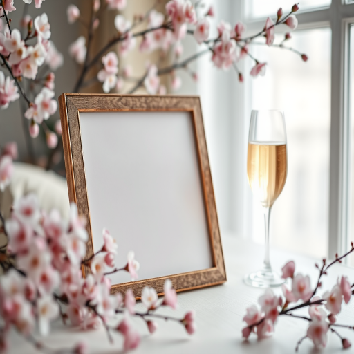 A soft-focus still life of a picture frame with empty space, placed on a light-colored table, surrounded by blooming cherry blossom branches, a glass of sparkling wine, natural light from a window, shallow depth of field, 50mm lens, f/2.8, ISO 100, capture in high-resolution JPEG.