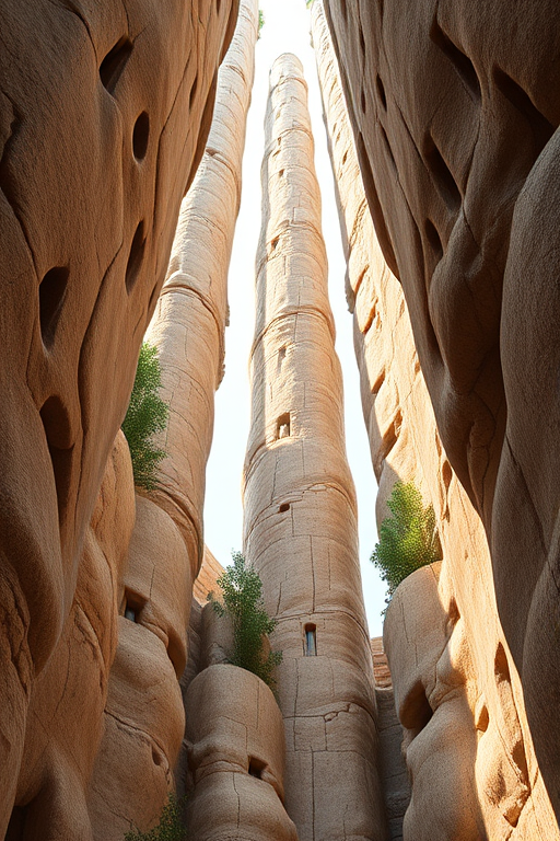 Create a high-resolution digital illustration of a tall, cylindrical structure resembling a natural formation, with earthy textures and subtle green details, shot with a DSLR camera at f/8 aperture, 50mm lens, in a soft natural light setting to enhance the details and depth, capturing a clear, vibrant view.