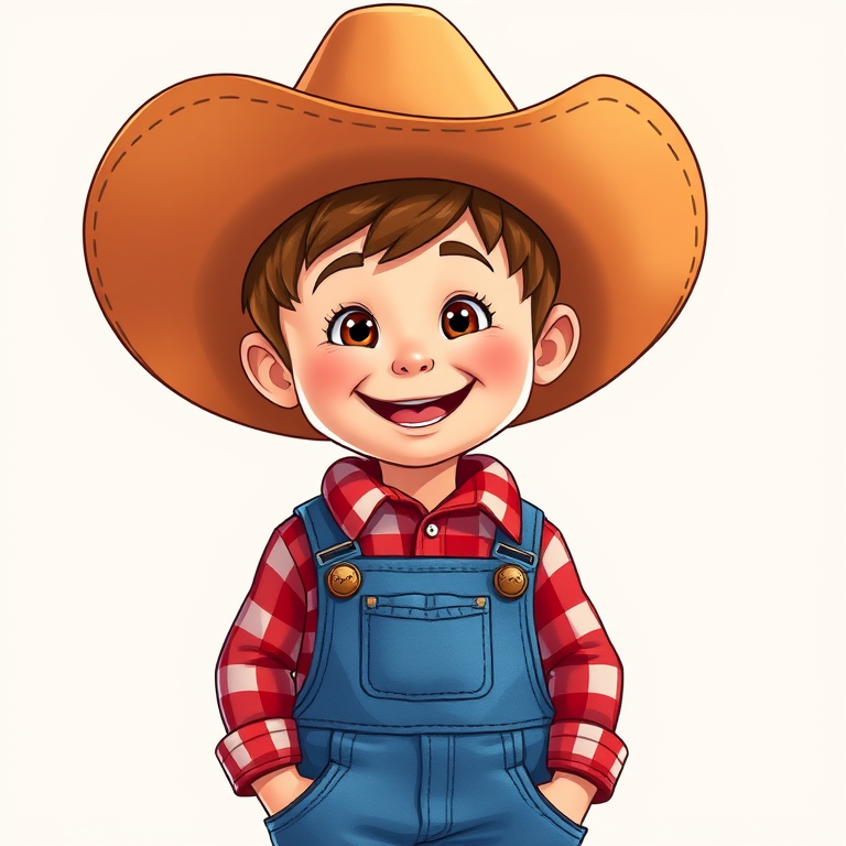Create a cheerful cartoon-style image of a young boy wearing a large cowboy hat, a red plaid shirt, blue overalls, and brown boots, with a bright smile, captured in a vibrant color palette, using a Canon EOS R5 camera, with a 50mm f/1.8 lens, at ISO 100, aperture f/1.8, and 1/200s shutter speed for a crisp and clear quality.