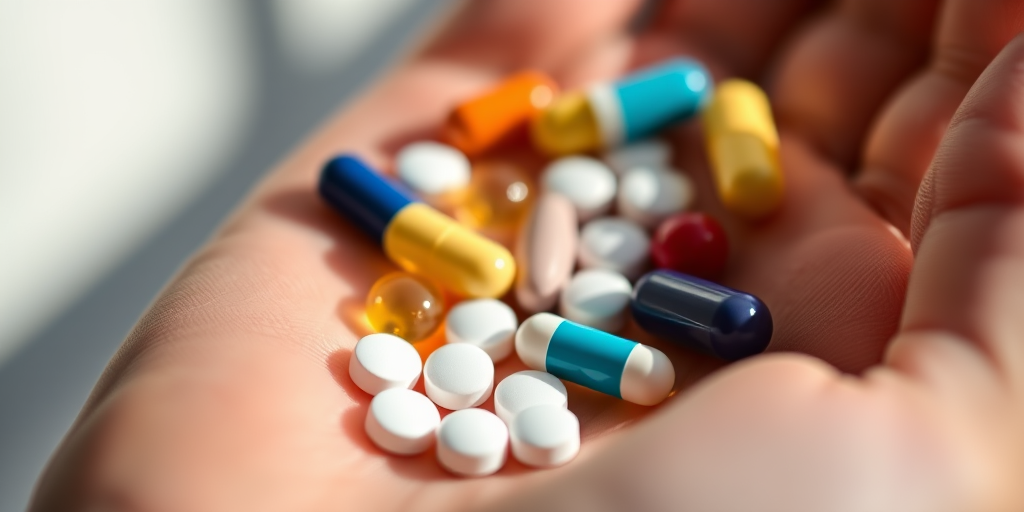 photograph of various capsules and tablets in an open palm, shallow depth of field, natural light, ISO 200, aperture f/4, focus on the pills, taken with a macro lens, 50mm lens on a DSLR camera