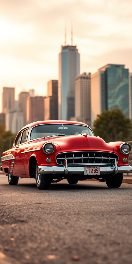 vintage red car in front of a city skyline, high resolution, 50mm lens, f/1.8 aperture, ISO 100, shot from a low angle, wide shot, digital camera