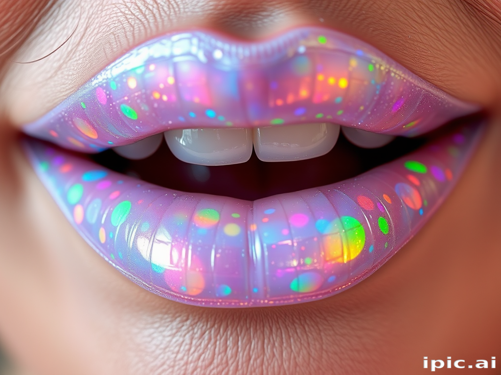 Ethereal "Holographic Opal" lips adorned with iridescent, multidimensional pigments, creating a magical, otherworldly appearance in various lighting