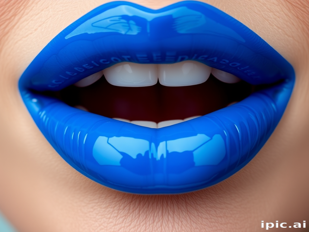Bold electric blue lips with a high-shine lacquer finish, making a daring statement and showcasing unconventional beauty