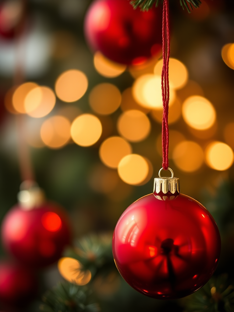 red Christmas ornaments in a shallow depth of field with bokeh lights in the background, shot with a DSLR camera, 50mm lens, aperture f/1.8, ISO 100, shutter speed 1/200s, natural light for enhanced reflections and vibrant colors
