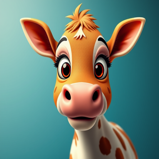 Create a vibrant cartoon-style image of a cute cow with large expressive eyes and a playful expression, shot with a Canon EOS 5D Mark IV, 85mm lens, f/1.8 aperture, ISO 100, in studio lighting for enhanced color depth and contrast.