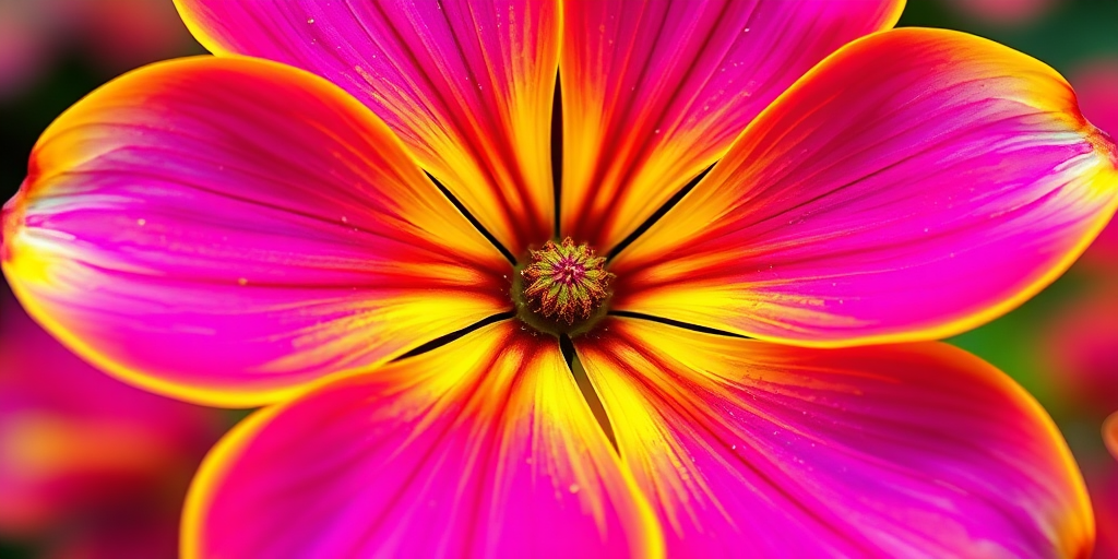 Create a vibrant illustration of a stylized flower with six distinct petals using vibrant colors and intricate details, shot with a 50mm lens at f/2.8, ISO 100, in natural light, using a digital camera with macro capabilities to enhance clarity and depth.